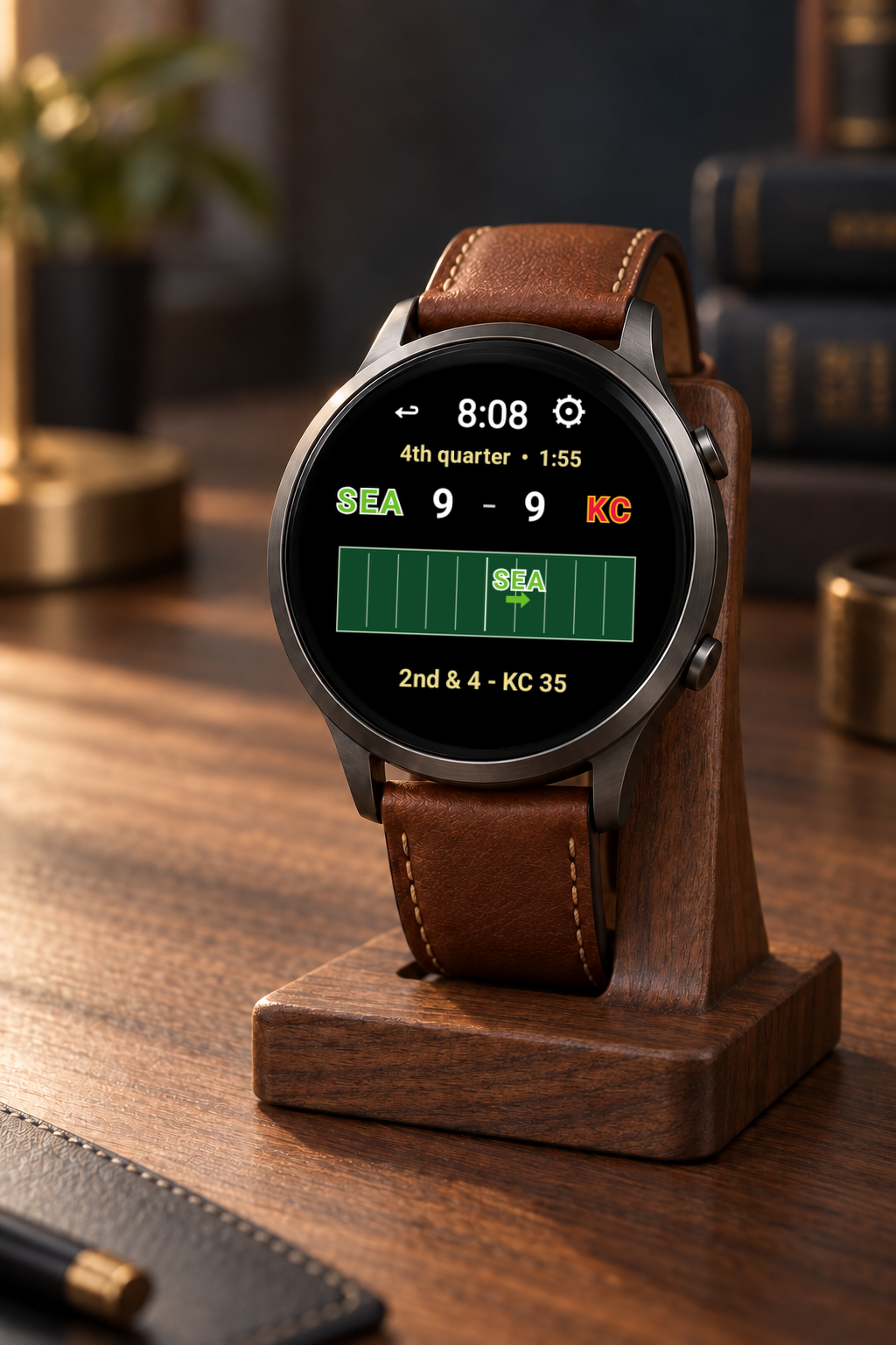 American Football Live View aligned beneath the bezel of a premium button watch on a walnut desk stand