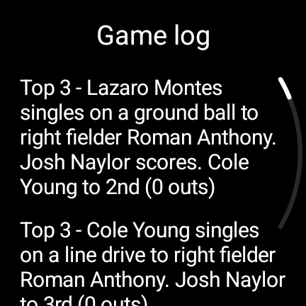 American Baseball Game Log showing completed plays in a tied game