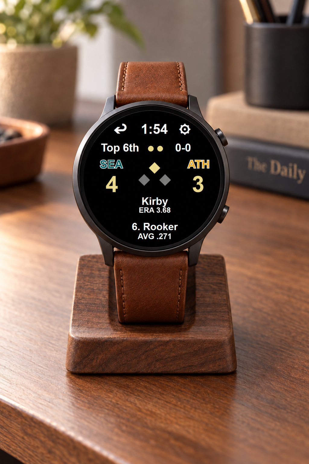 American Baseball Watch with a live baseball score displayed on a walnut desk stand with a fine brown leather band