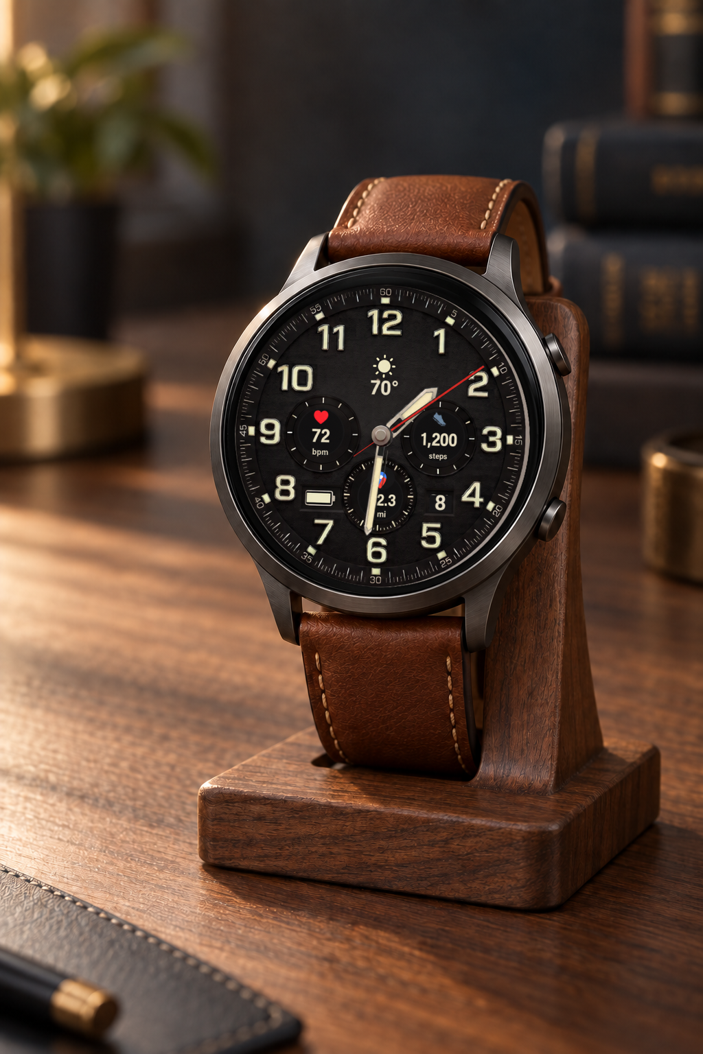 Explorer watchface showing sunny 70 degree weather, 72 bpm, 1,200 steps, and 2.3 miles on a premium button watch displayed on a wooden stand