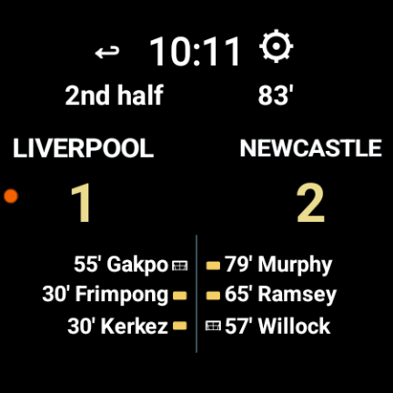 European Football Live View captured on a Samsung SM-R935U showing Liverpool 1, Newcastle 2 in the 83rd minute