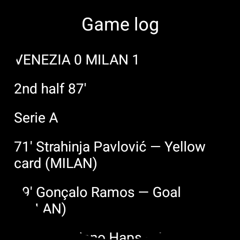 European Football Game Log showing Milan leading Venezia 1 to 0 with a Pavlovic yellow card and Ramos goal