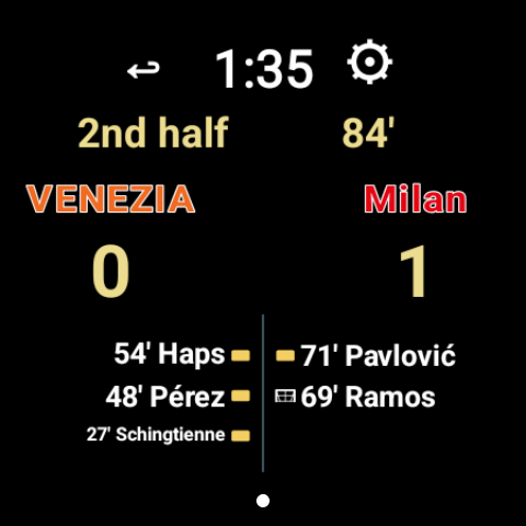 European Football Live View showing Venezia 0, Milan 1 in the second half