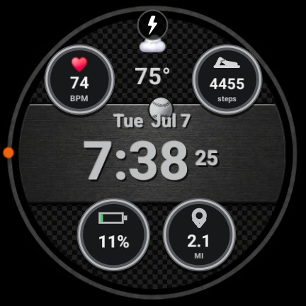 Sport everyday watchface showing time, date, heart rate, weather, steps, battery, and distance