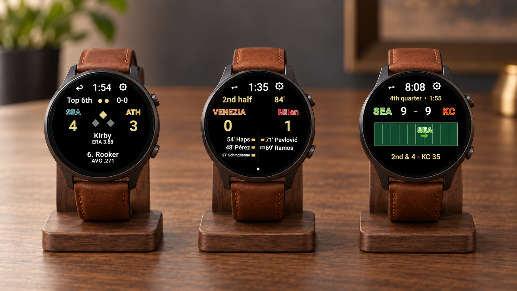 American Baseball, European Football, and American Football watches with live scores on walnut desk stands